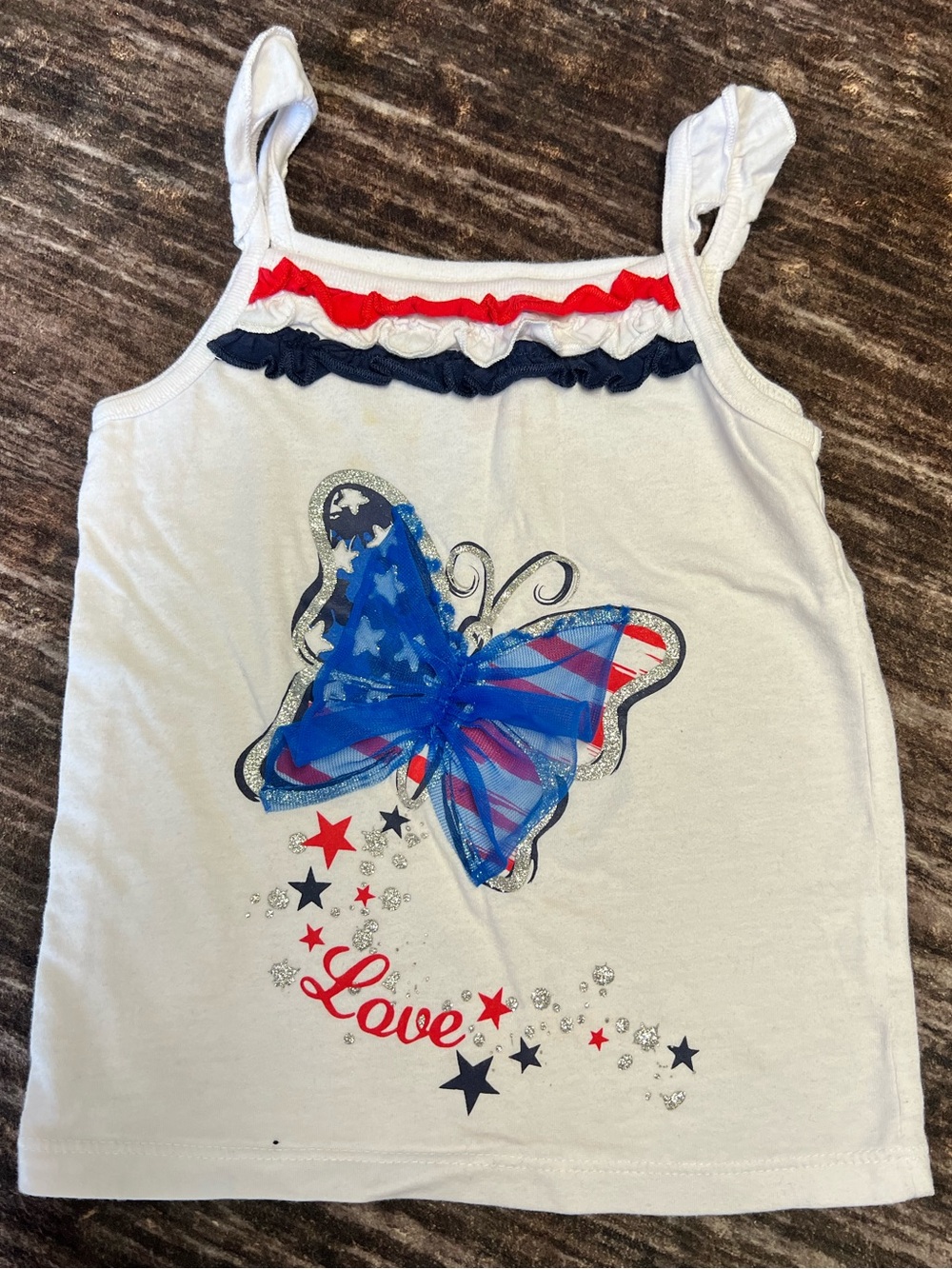 Girls White Tank Top with Red & Blue Butterfly Patriotic Vibe